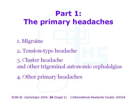 Part 1: The primary headaches. 1. Migraine 1. Migraine Reclassification 1988-2004.