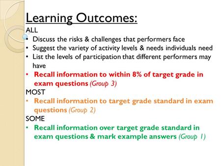 Learning Outcomes: ALL Discuss the risks & challenges that performers face Suggest the variety of activity levels & needs individuals need List the levels.