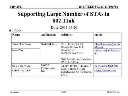 Doc.: IEEE 802.11-11/1019r1 Submission July 2011 MediaTek, Inc Slide 1 Supporting Large Number of STAs in 802.11ah Date: 2011-07-20 Authors: