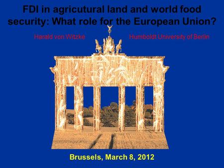 FDI in agricutural land and world food security: What role for the European Union? Brussels, March 8, 2012 Harald von WitzkeHumboldt University of Berlin.