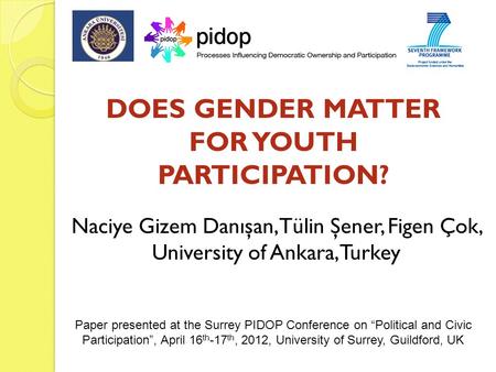 DOES GENDER MATTER FOR YOUTH PARTICIPATION? Naciye Gizem Danışan, Tülin Şener, Figen Çok, University of Ankara, Turkey Paper presented at the Surrey PIDOP.