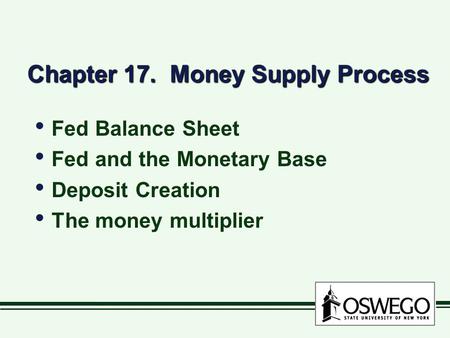 Chapter 17. Money Supply Process Fed Balance Sheet Fed and the Monetary Base Deposit Creation The money multiplier Fed Balance Sheet Fed and the Monetary.