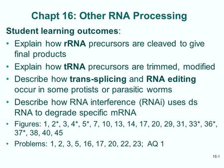 Chapt 16: Other RNA Processing Student learning outcomes: Explain how rRNA precursors are cleaved to give final products Explain how tRNA precursors are.