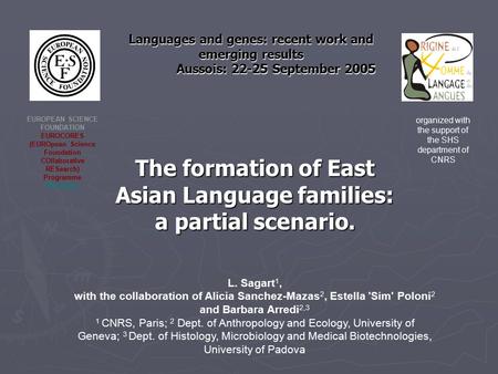 Languages and genes: recent work and emerging results Aussois: 22-25 September 2005 The formation of East Asian Language families: a partial scenario.