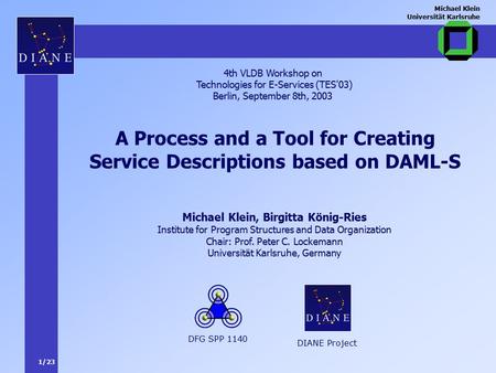 1/23 Michael Klein Universität Karlsruhe A Process and a Tool for Creating Service Descriptions based on DAML-S 4th VLDB Workshop on Technologies for E-Services.