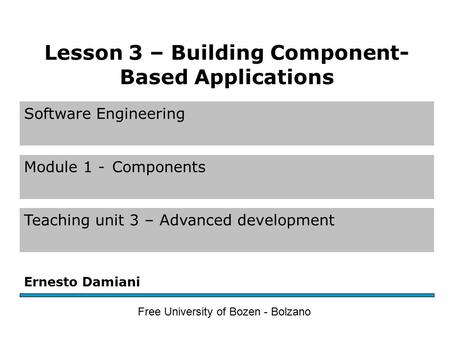 Software Engineering Module 1 -Components Teaching unit 3 – Advanced development Ernesto Damiani Free University of Bozen - Bolzano Lesson 3 – Building.