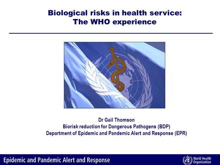 Dr Gail Thomson Biorisk reduction for Dangerous Pathogens (BDP) Department of Epidemic and Pandemic Alert and Response (EPR) Biological risks in health.