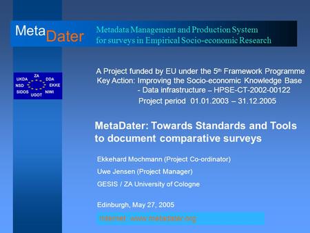 Meta Dater Metadata Management and Production System for surveys in Empirical Socio-economic Research A Project funded by EU under the 5 th Framework Programme.