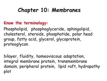 Chapter 10: Membranes Know the terminology: