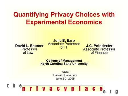 Quantifying Privacy Choices with Experimental Economics College of Management North Carolina State University WEIS Harvard University June 2-3, 2005 David.