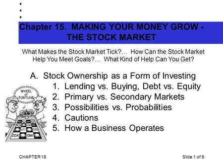 CHAPTER 15Slide 1 of 9 Chapter 15. MAKING YOUR MONEY GROW - THE STOCK MARKET What Makes the Stock Market Tick?… How Can the Stock Market Help You Meet.