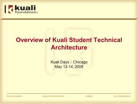 Overview of Kuali Student Technical Architecture Kuali Days :: Chicago May 13-14, 2008.