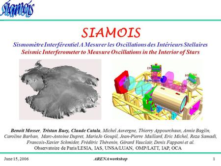 June 15, 2006ARENA workshop1 SIAMOIS Sismomètre Interférentiel A Mesurer les Oscillations des Intérieurs Stellaires Seismic Interferometer to Measure Oscillations.