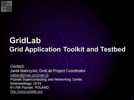 1 GridLab Grid Application Toolkit and Testbed Contact: Jarek Nabrzyski, GridLab Project Coordinator Poznań Supercomputing and Networking.