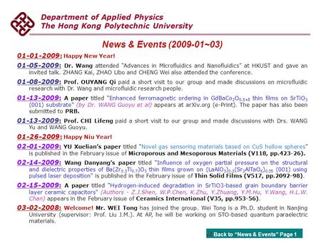 Department of Applied Physics The Hong Kong Polytechnic University News & Events (2009-01~03) 01-01-2009: Happy New Year! 01-05-2009: Dr. Wang attended.