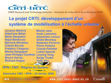 Le projet CRTI: développement d’un système de modélisation à l’échelle urbaine Jocelyn Mailhot Stéphane Bélair Mario Benjamin Najat Benbouta Bernard Bilodeau.