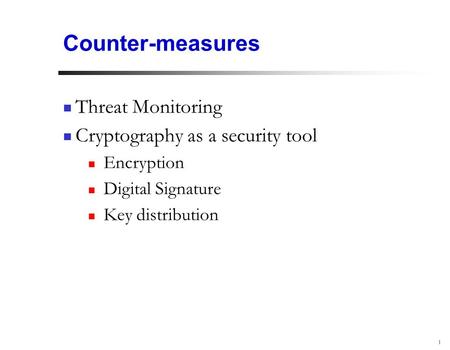 1 Counter-measures Threat Monitoring Cryptography as a security tool Encryption Digital Signature Key distribution.