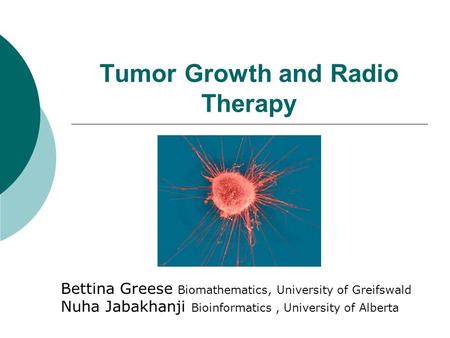 Tumor Growth and Radio Therapy Bettina Greese Biomathematics, University of Greifswald Nuha Jabakhanji Bioinformatics, University of Alberta.