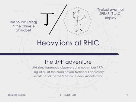 Bielefeld, sept 05F. Fleuret - LLR 1 Heavy ions at RHIC The J/  adventure J/  simultaneously discovered in november 1974 Ting et al. at the Brookhaven.