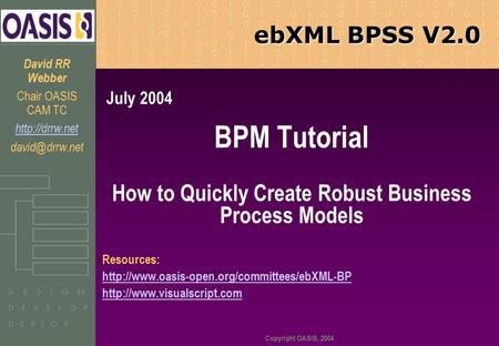 EbXML BPSS V2.0 Copyright OASIS, 2004 Resources:   BPM Tutorial How to Quickly.