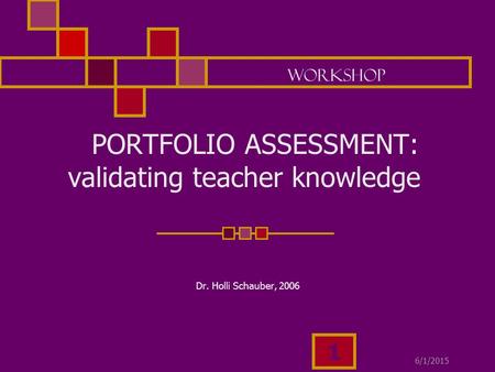 6/1/2015 1 PORTFOLIO ASSESSMENT: validating teacher knowledge Dr. Holli Schauber, 2006 workshop.