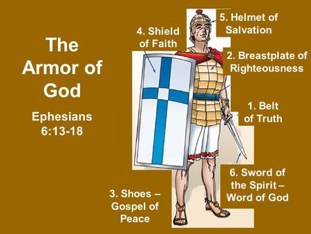 4. Shield of Faith 1. Belt of Truth 2. Breastplate of Righteousness 5. Helmet of Salvation 6. Sword of the Spirit – Word of God 3. Shoes – Gospel of Peace.
