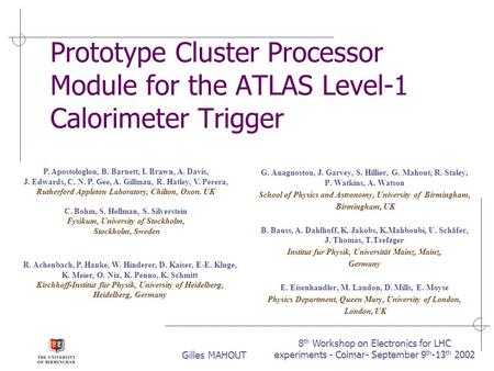8 th Workshop on Electronics for LHC experiments - Colmar- September 9 th -13 th 2002Gilles MAHOUT Prototype Cluster Processor Module for the ATLAS Level-1.