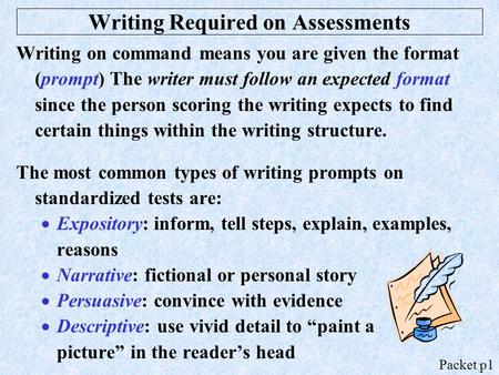 Writing Required on Assessments Writing on command means you are given the format (prompt) The writer must follow an expected format since the person scoring.
