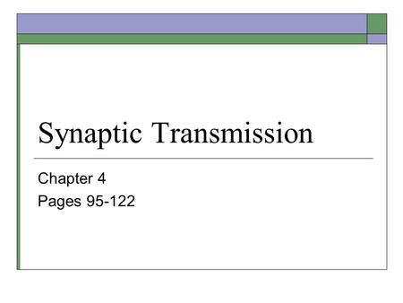 Synaptic Transmission Chapter 4 Pages 95-122. Chemical Synapses  Most synapses in the brain are chemical. Electronically coupled gap junction synapses.