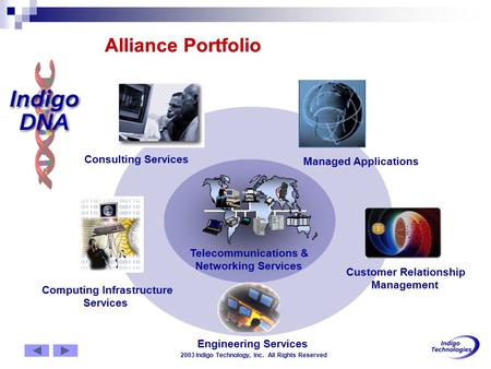 2003 Indigo Technology, Inc. All Rights Reserved Alliance Portfolio Computing Infrastructure Services Customer Relationship Management Engineering Services.