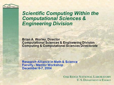 Scientific Computing Within the Computational Sciences & Engineering Division Brian A. Worley, Director Computational Sciences & Engineering Division Computing.