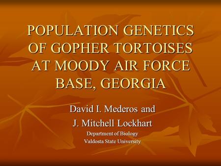 POPULATION GENETICS OF GOPHER TORTOISES AT MOODY AIR FORCE BASE, GEORGIA David I. Mederos and J. Mitchell Lockhart Department of Biology Valdosta State.