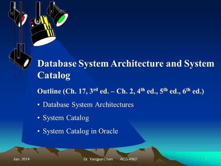 Jan. 2014Dr. Yangjun Chen ACS-49021 Outline (Ch. 17, 3 rd ed. – Ch. 2, 4 th ed., 5 th ed., 6 th ed.) Database System Architectures System Catalog System.