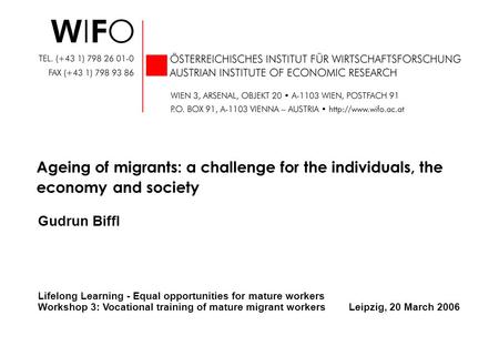 Gudrun Biffl Ageing of migrants: a challenge for the individuals, the economy and society Lifelong Learning - Equal opportunities for mature workers Workshop.
