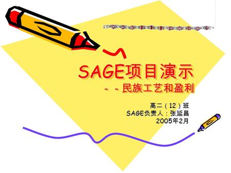 SAGE 项目演示 －－民族工艺和盈利 高二（ 12 ）班 SAGE 负责人：张延昌 2005 年 2 月.