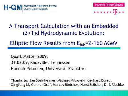 A Transport Calculation with an Embedded (3+1)d Hydrodynamic Evolution: Elliptic Flow Results from E lab =2-160 AGeV Quark Matter 2009, 31.03.09, Knoxville,