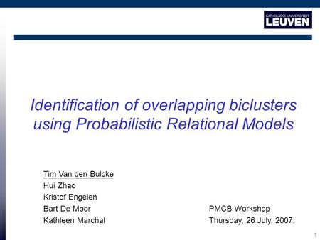 1 Identification of overlapping biclusters using Probabilistic Relational Models Tim Van den Bulcke Hui Zhao Kristof Engelen Bart De Moor Kathleen Marchal.