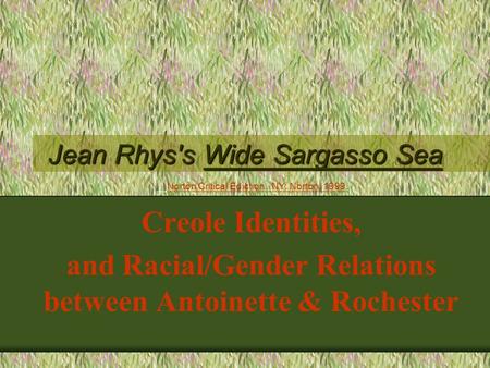 Jean Rhys's Wide Sargasso Sea Creole Identities, and Racial/Gender Relations between Antoinette & Rochester Norton Critical Ediction. NY: Norton, 1999.