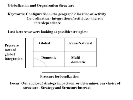 Globalization and Organization Structure Keywords: Configuration: - the geographic location of activity Co-ordination - integration of activities - there.