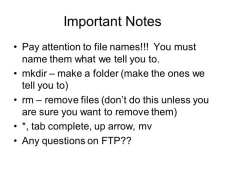 Important Notes Pay attention to file names!!! You must name them what we tell you to. mkdir – make a folder (make the ones we tell you to) rm – remove.