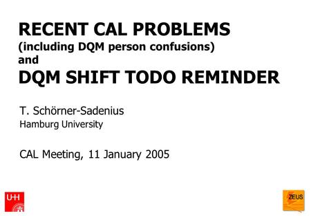 RECENT CAL PROBLEMS (including DQM person confusions) and DQM SHIFT TODO REMINDER T. Schörner-Sadenius Hamburg University CAL Meeting, 11 January 2005.