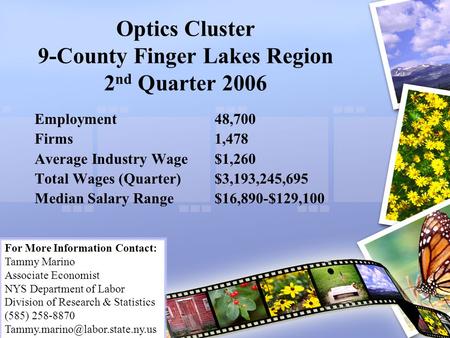 Optics Cluster 9-County Finger Lakes Region 2 nd Quarter 2006 Employment48,700 Firms1,478 Average Industry Wage$1,260 Total Wages (Quarter)$3,193,245,695.
