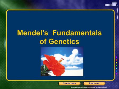 Copyright © by Holt, Rinehart and Winston. All rights reserved. ResourcesChapter menu Mendel’s Fundamentals of Genetics.