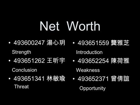 Net Worth 493600247 湯心玥 Strength 493651262 王昕宇 Conclusion 493651341 林敏瑜 Threat 493651559 龔雅芝 Introduction 493652254 陳荷雅 Weakness 493652371 曾倩誼 Opportunity.