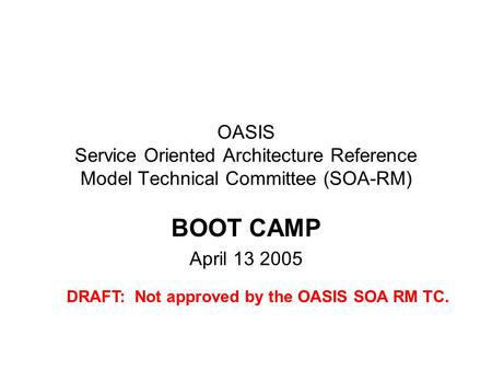 OASIS Service Oriented Architecture Reference Model Technical Committee (SOA-RM) BOOT CAMP April 13 2005 DRAFT: Not approved by the OASIS SOA RM TC.
