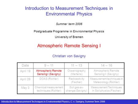 Introduction to Measurement Techniques in Environmental Physics, C. v. Savigny, Summer Term 2006 Introduction to Measurement Techniques in Environmental.