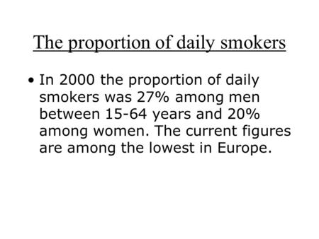 The proportion of daily smokers In 2000 the proportion of daily smokers was 27% among men between 15-64 years and 20% among women. The current figures.