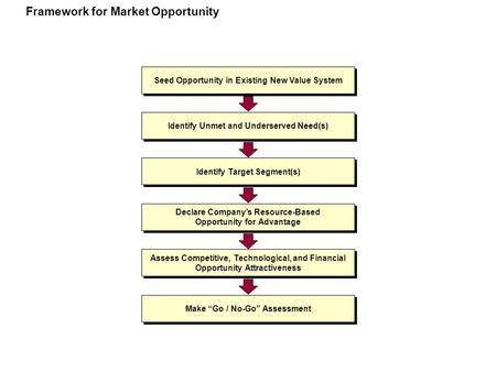 Framework for Market Opportunity Seed Opportunity in Existing New Value System Identify Unmet and Underserved Need(s) Identify Target Segment(s) Declare.