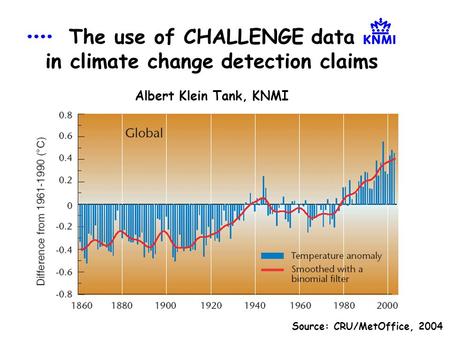 The use of CHALLENGE data in climate change detection claims Albert Klein Tank, KNMI Source: CRU/MetOffice, 2004.