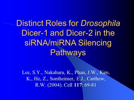 Distinct Roles for Drosophila Dicer-1 and Dicer-2 in the siRNA/miRNA Silencing Pathways Lee, S.Y., Nakahara, K., Phan, J.W., Kim, K., He, Z., Sontheimer,